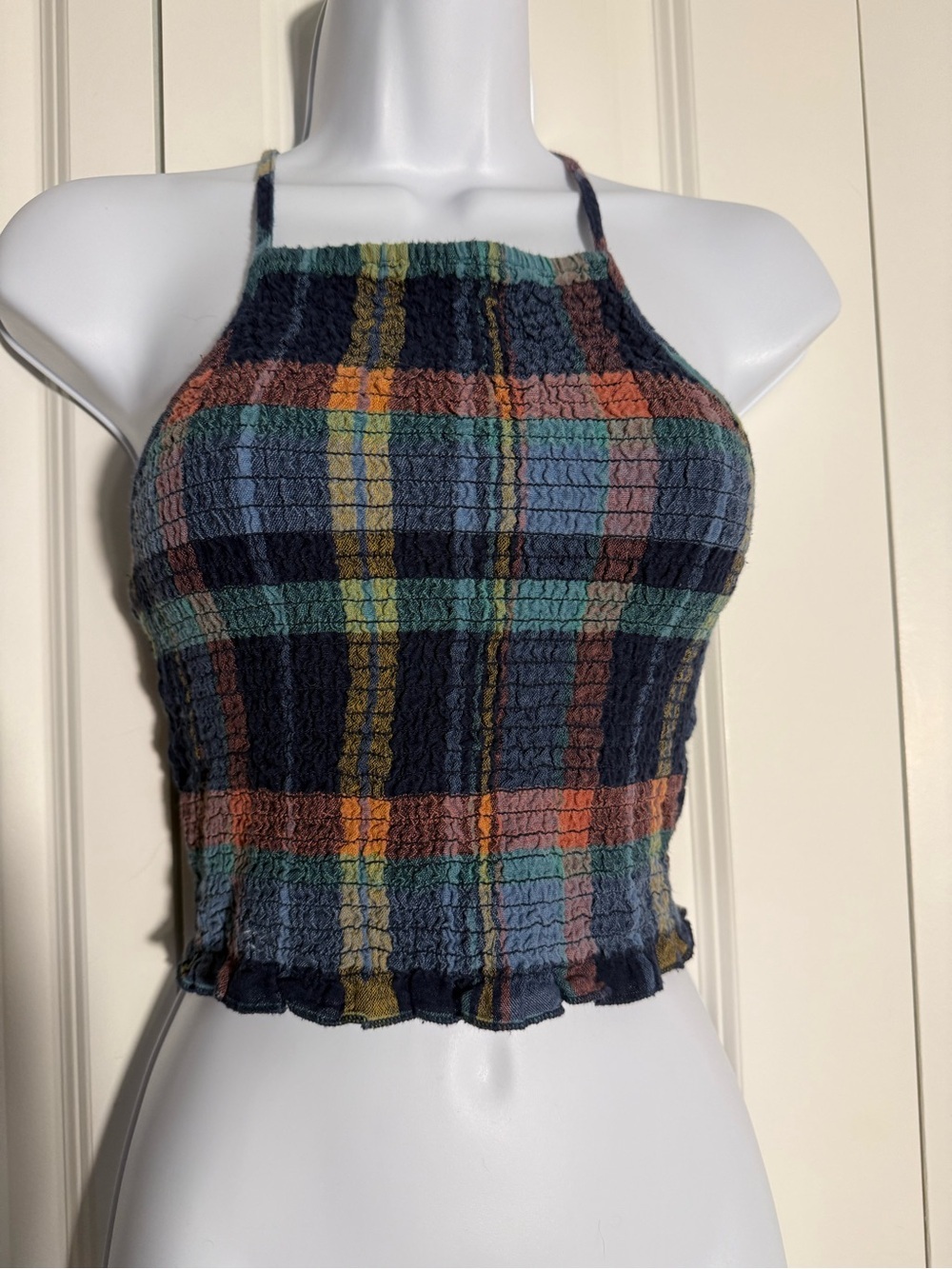 American Eagle Outfitters Multicolor Plaid Smocked Halter Crop Top